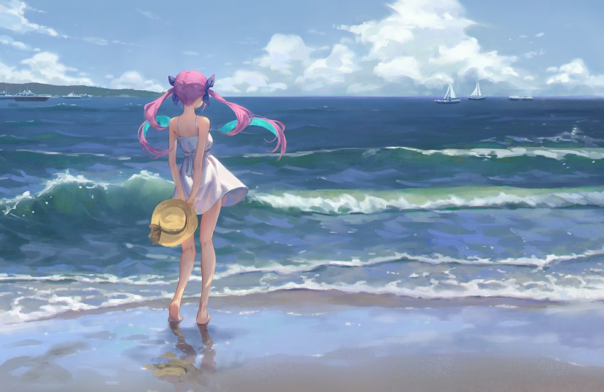 Anime girl barefoot on beach