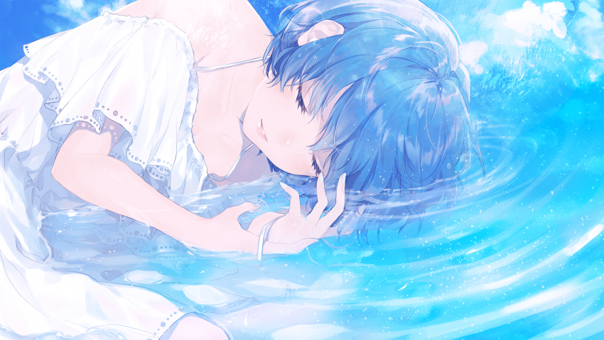Anime girls, Blue hair, Short hair, In water, Closed eyes, clouds, blue nails, ribbons, waves,