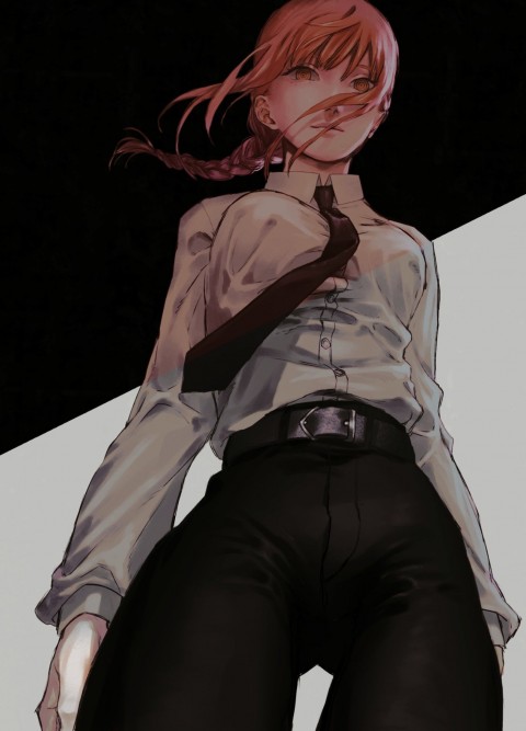 Anime girls, Makima (Chainsaw Man), digital art, tie, business suit, low angle, iPhone Wallpaper