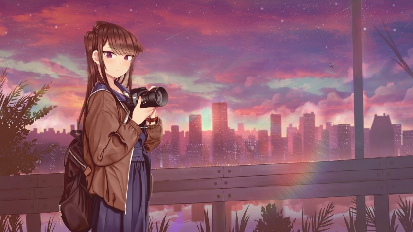 Anime, Komi Can't Communicate, Backpack, Camera, City, Long Hair, Purple Eyes, Sunset
