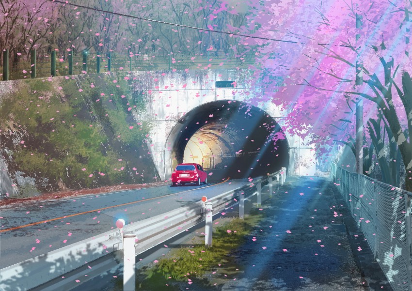 Anime, Original, Car, Flower, Sakura, Street, Tunnel, Red Car HD wallpaper