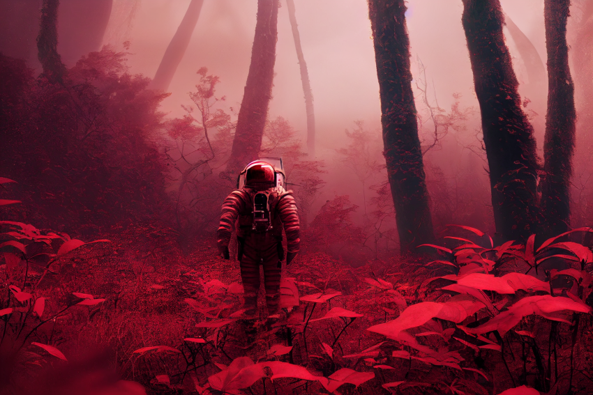 Astronaut Exploring a Red Jungle on an Alien Plane, Midjourney, HD Wallpaper