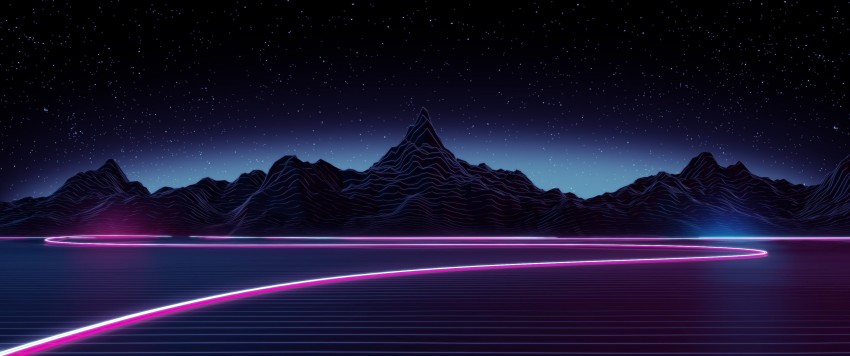 Black mountain wallpaper, digital art, neon, mountains, lake