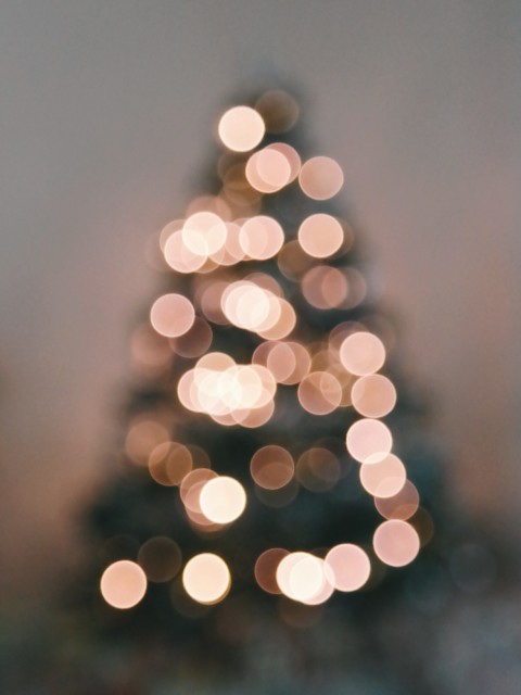 Defocused Image of Illuminated Christmas Tree Against Sky, Blurred Christmas Lights image