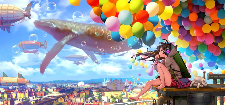 Girl and balloons wallpaper, black haired anime character sitting near balloons illustratio