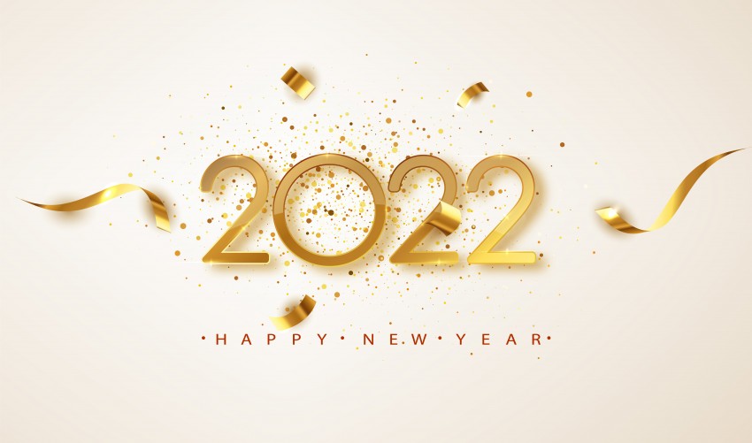 happy new year 2022, gold, ribbons, confetti white, congratulations
