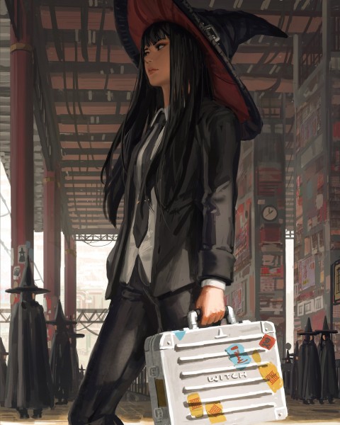 Journey to hogwarts, Trip to hogwarts, anime girl, witch hat, suitcase, black hair, Anime