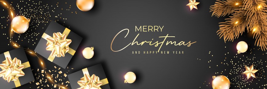 merry chrismas, New Year, gift boxes, gold ribbon, gold xmas balls, glitter, tree, light