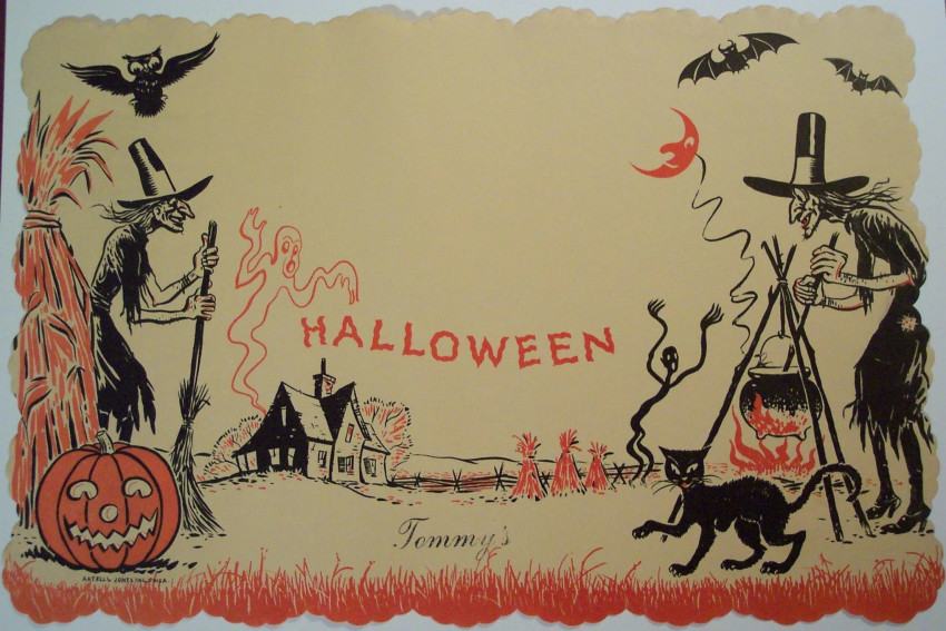 Witch Making Spells with Cauldron, Vintage Halloween Wallpaper Desktop