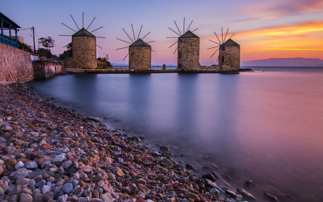 3840x2400 Windmills In Chios Aegean Sea Greece 4k Ultra HD Desktop, Rocks, Ocean, Sea, Sunset