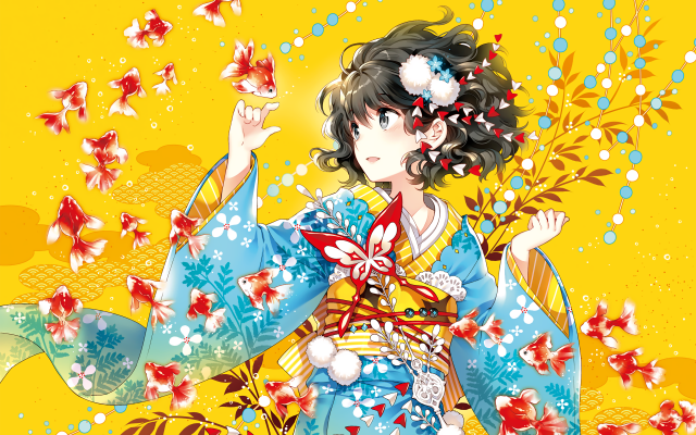 Anime girl underwater fishes dream fantasy yellow background 4000x2500