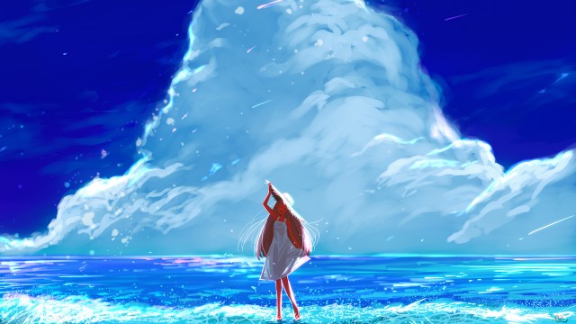 4K Anime Girl Beach Happy Long Hair Clouds, Beautiful Girl, Blue Sky