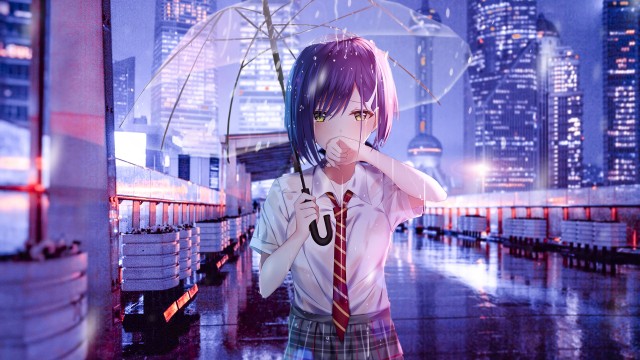 Ichigo From Darling In The Franxx 4K, Sad Anime Girl Crying in Rain with Umbrella