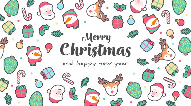 cute christmas banner, happy new year, reindeer, santa, christmas trees