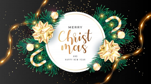 merry christmas, black gold balls, snow, decoration, christmas bauble, card