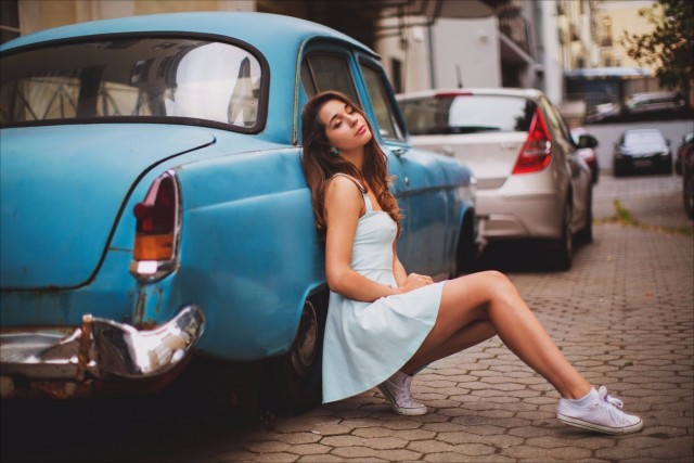 Model With Classic Car, model, girls, classic, carros, classic cars HD wallpaper