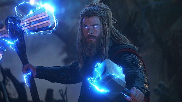 Thor: Love and Thunder Wallpaper, Fat Thor, Mjolnir, Stormbreaker, Blue lighting