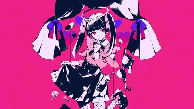 Anime girls, digital art, artwork, 2D, pink background, dark hair, pink eyes, colorful,