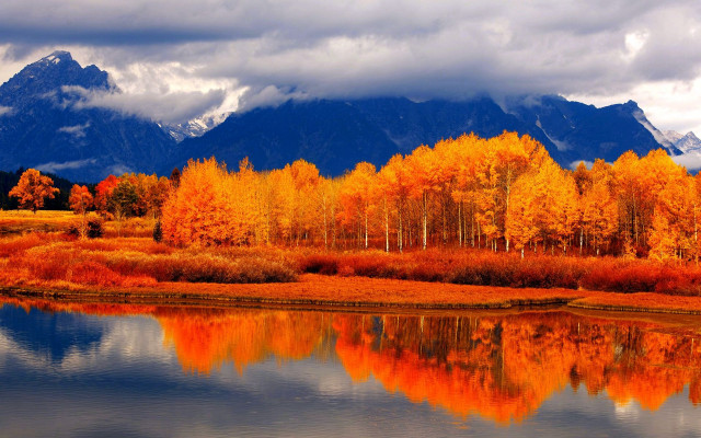 Fall Not Go Away, Orange, Lake, Mountain, Sky, Wallpaper