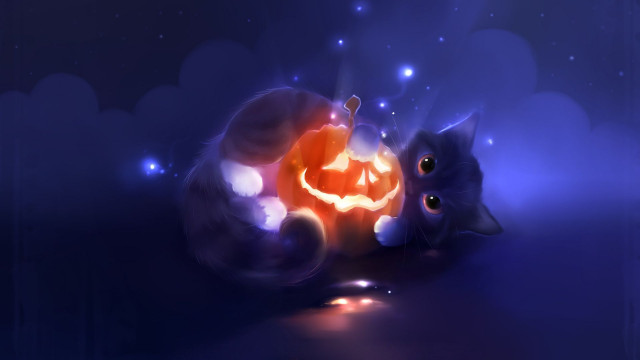 Kawaii Cute Cat with Halloween Pumpkin, Cute Halloween Wallpaper 4K