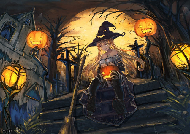 Witch Hat Anime Girl Halloween Desktop Wallpaper